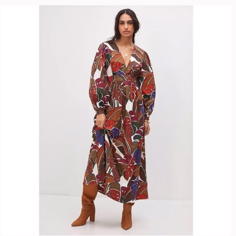 Anthropologie FARM Rio Deep V-Neck Vibrant Leaf Print Long Sleeve Maxi Dress
